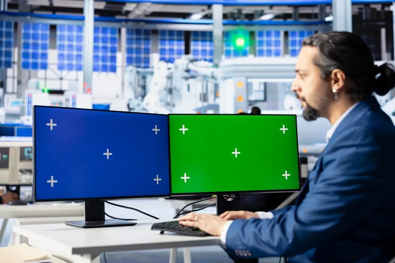 Operario de una planta fotovoltaica que utiliza monitores de computadora simulados para detectar errores.