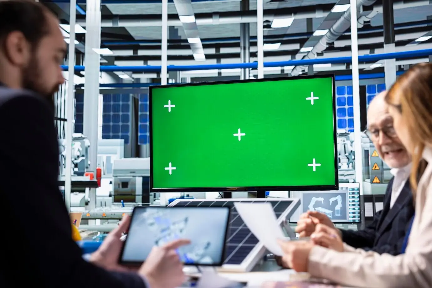 Empleados de fábrica observan una pantalla de prototipo mientras investigan soluciones de energía verde.